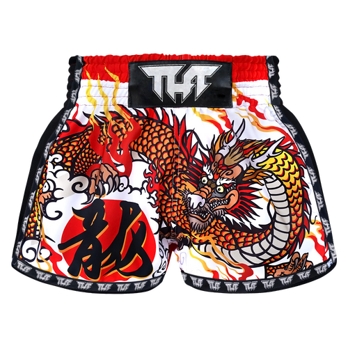 TUFF - White Chinese Dragon Retro Muay Thai Shorts - Medium