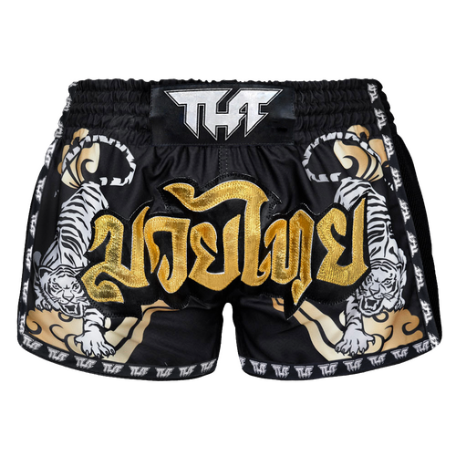 TUFF - Black Double Tiger Retro Muay Thai Shorts - Extra Extra Small