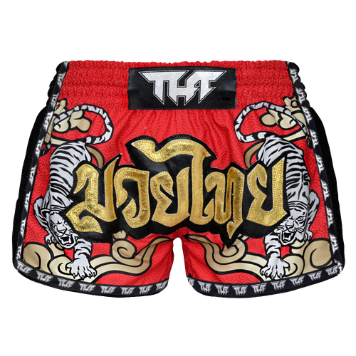 TUFF - Red Double Tiger Retro Muay Thai Shorts - Extra Extra Small