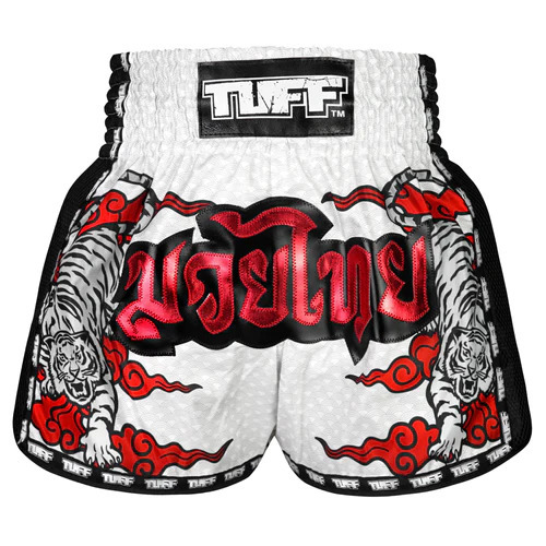 TUFF - White Double Tiger Retro Muay Thai Shorts - Extra Extra Small