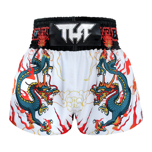 TUFF - White with Blue Chinese Dragon Thai Boxing Shorts - Small