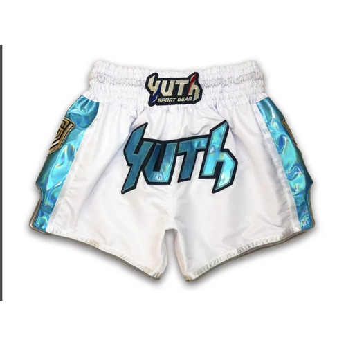 YUTH - Hologram Muay Thai Shorts - White/Blue - Extra Small