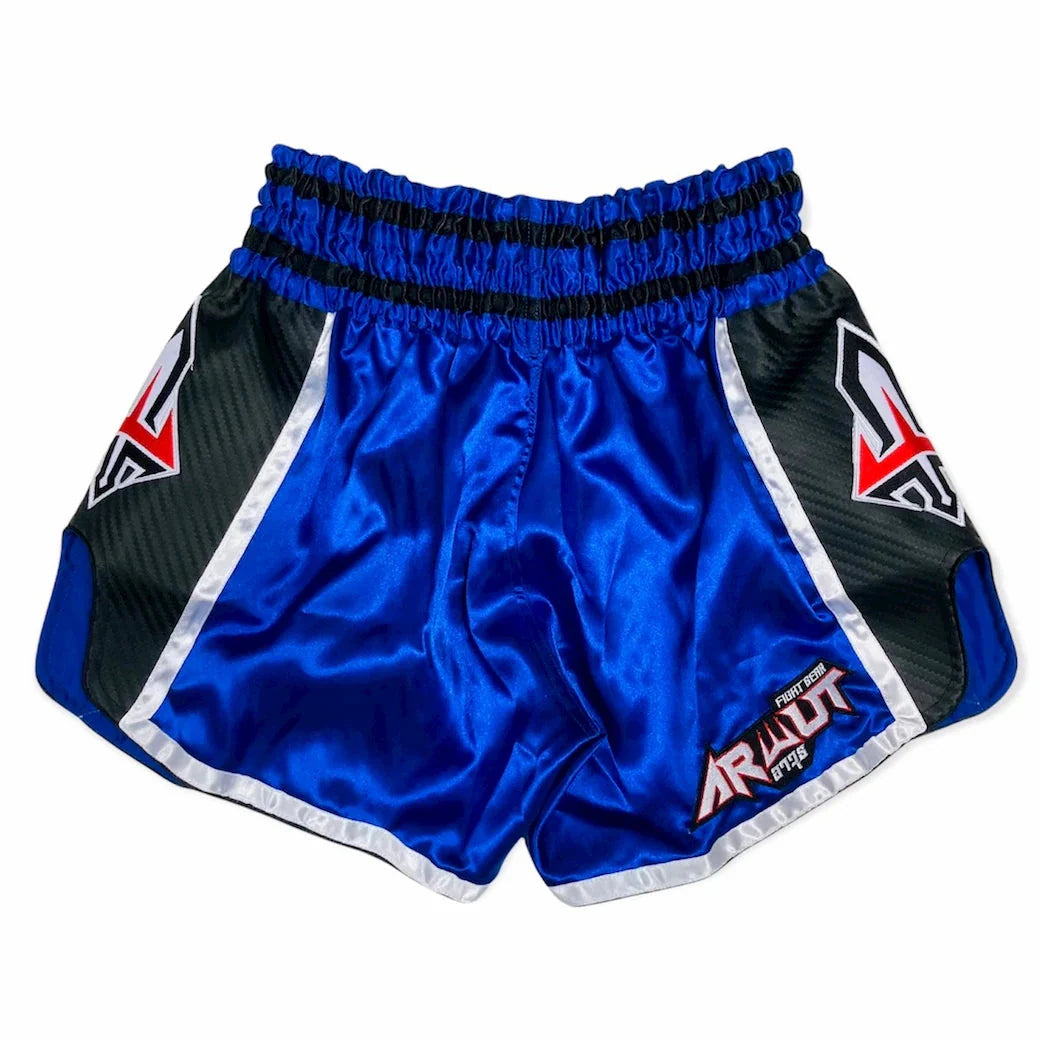 Blue and black thai shorts with a brand logo on a white background