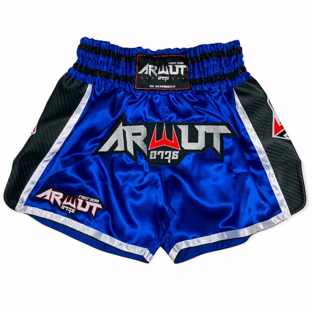 Blue and black athletic shorts with Arwut branding on a white background