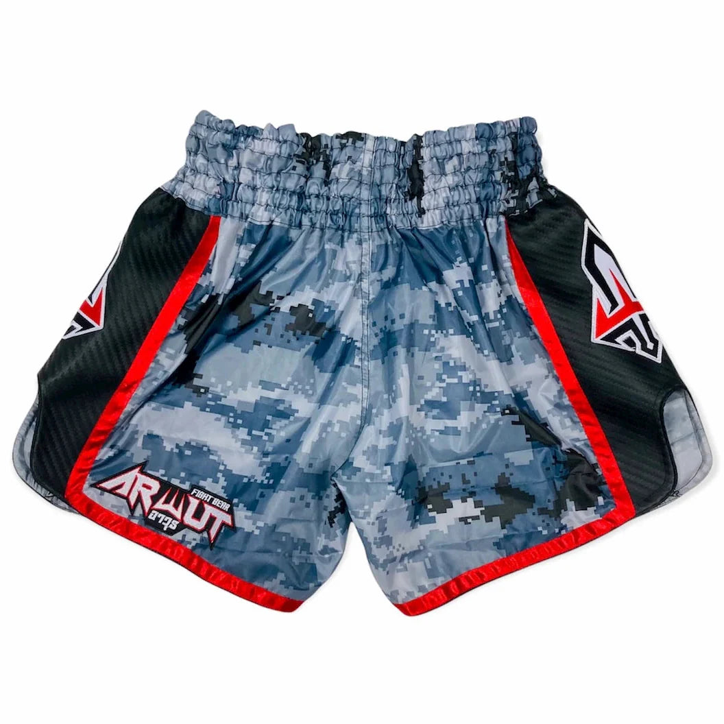 Camouflage Muay Thai shorts with red accents on a white background