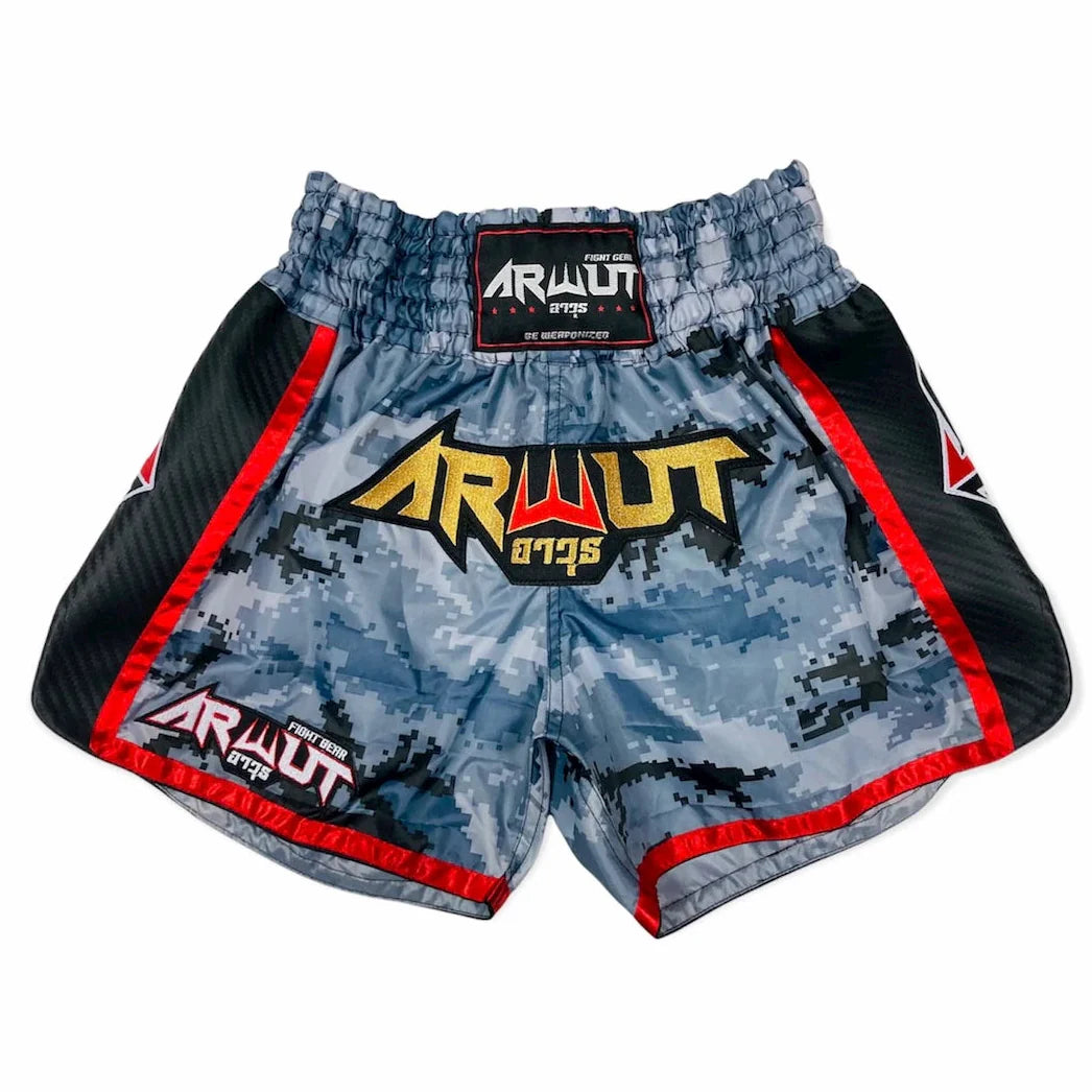 Gray camouflage shorts with red accents and 'Arwut' branding on a white background