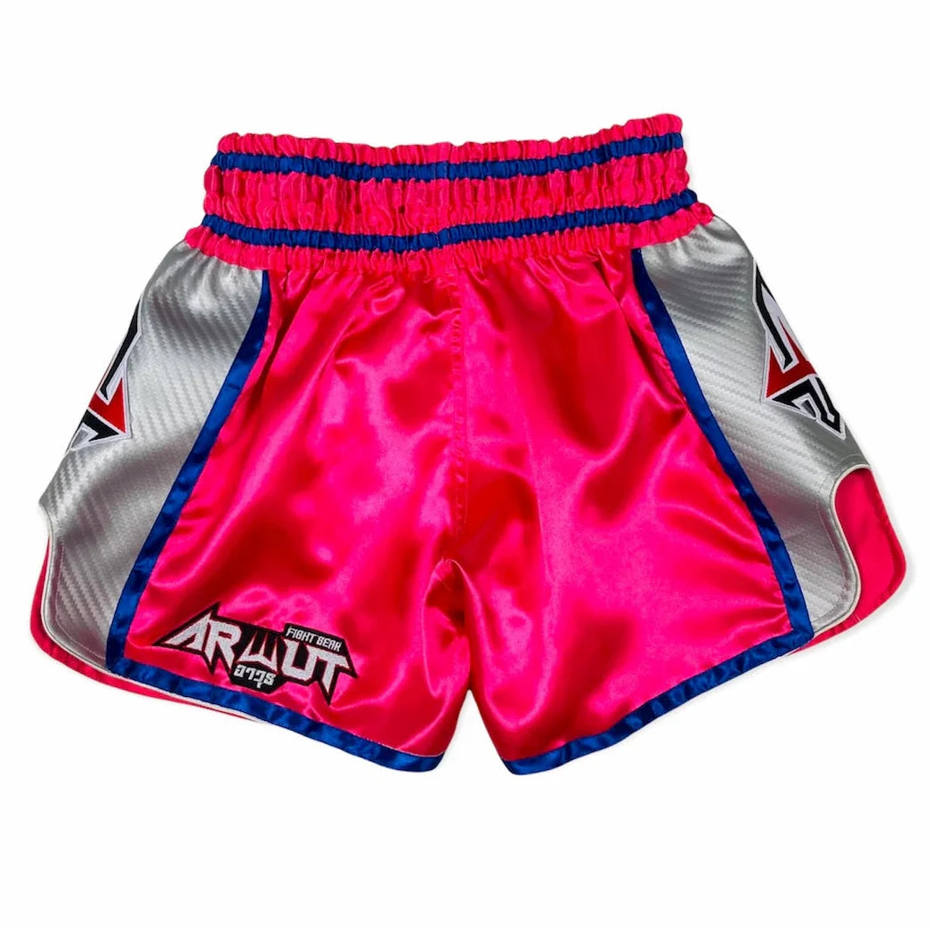 Pink and white Muay Thai shorts with blue accents on a white background