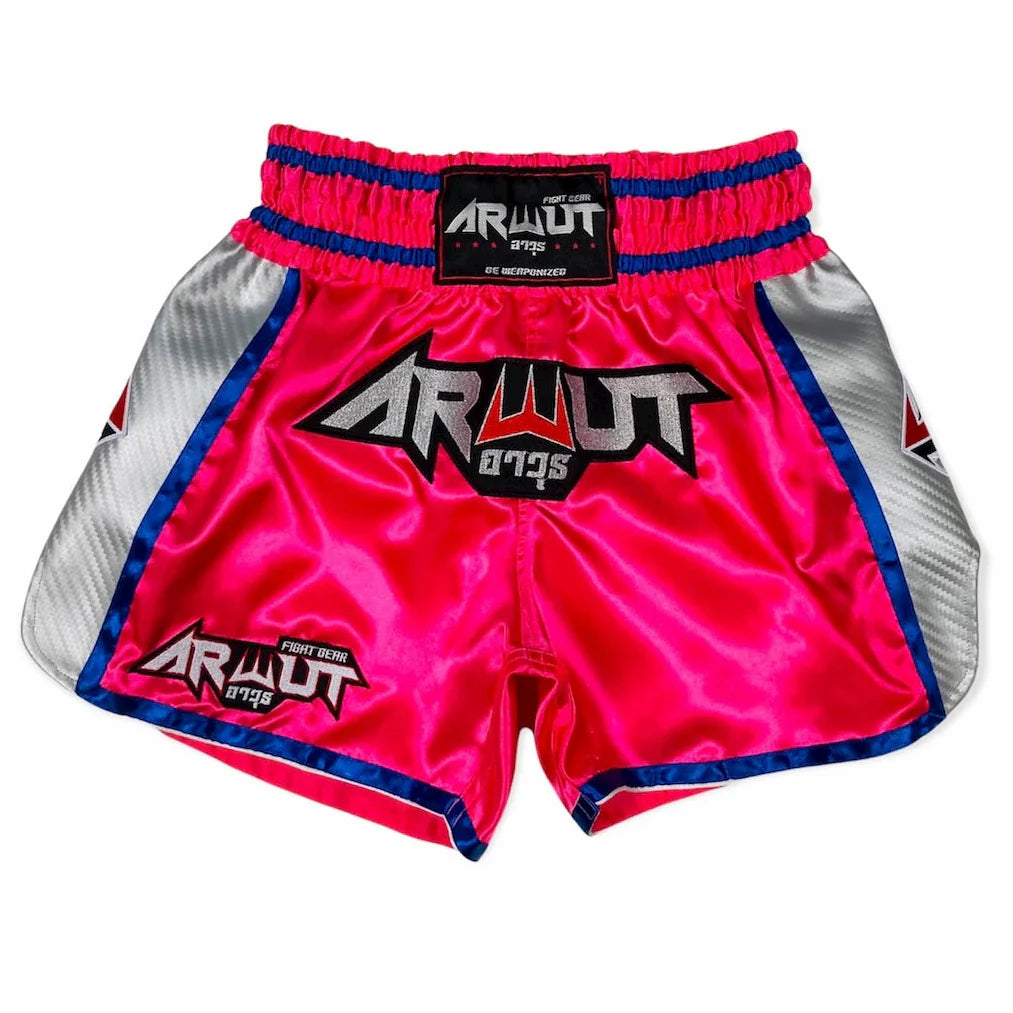 Pink and gray Muay Thai shorts with 'Arwut' branding on a white background