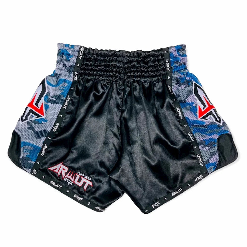 Black Thai shorts with blue and gray camouflage sides and Arwut branding on a white background.