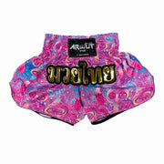 Colorful Muay Thai shorts with a golden Arwut brand label on a white background