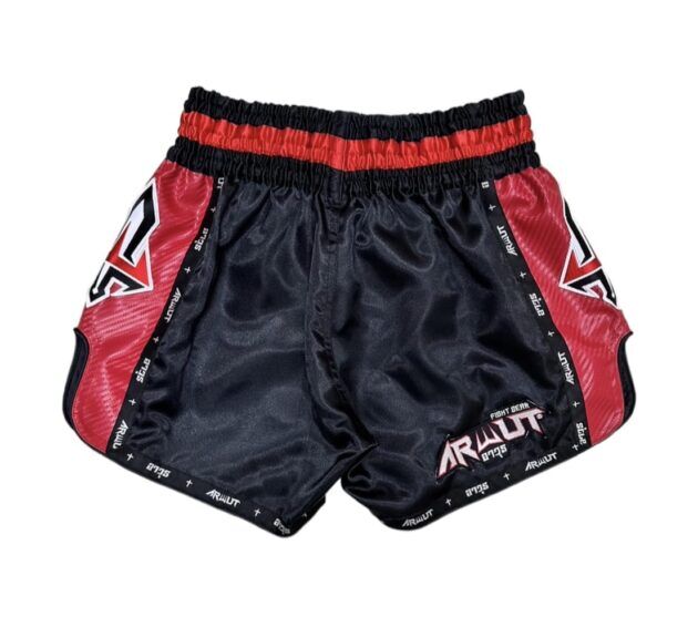Black and red Muay Thai shorts with 'Arwut' branding on a white background