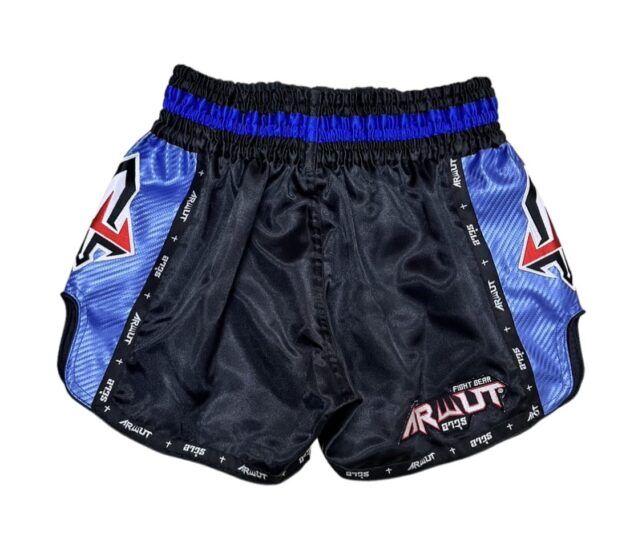 Black and blue thai shorts with branding on a white background