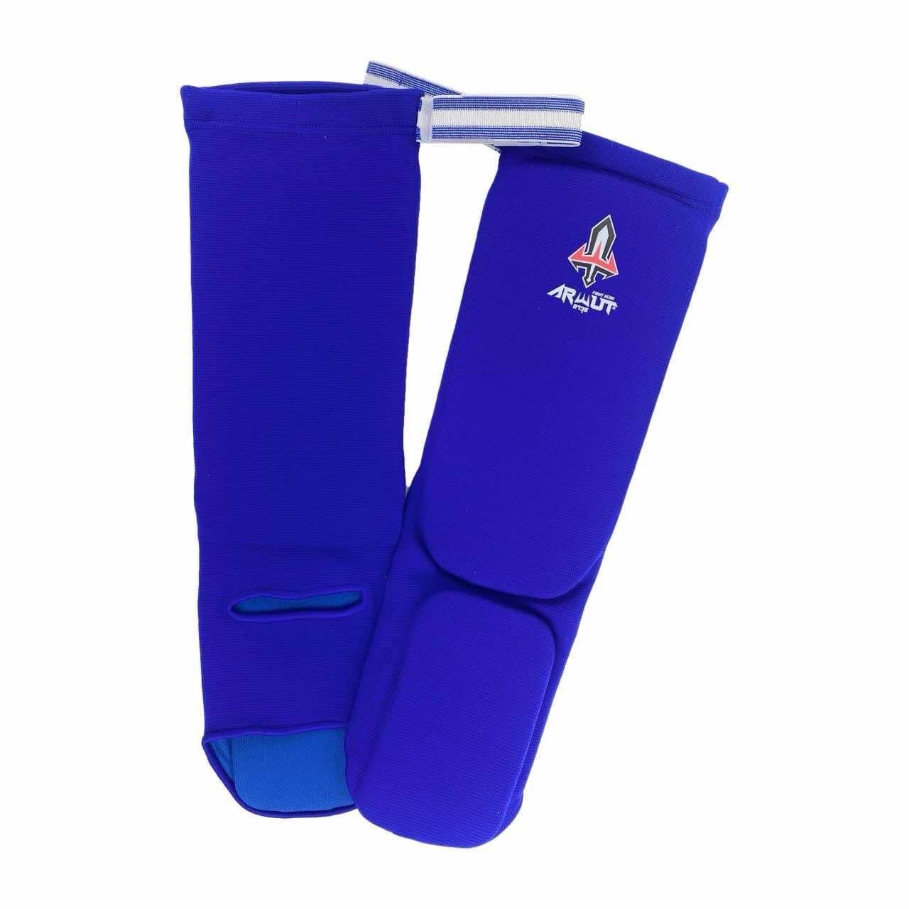 Blue elasticised shin guards with a visible brand logo on a white background
