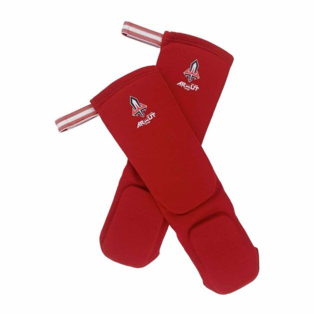 Red elastic shin guards with an Arwut logo on a white background