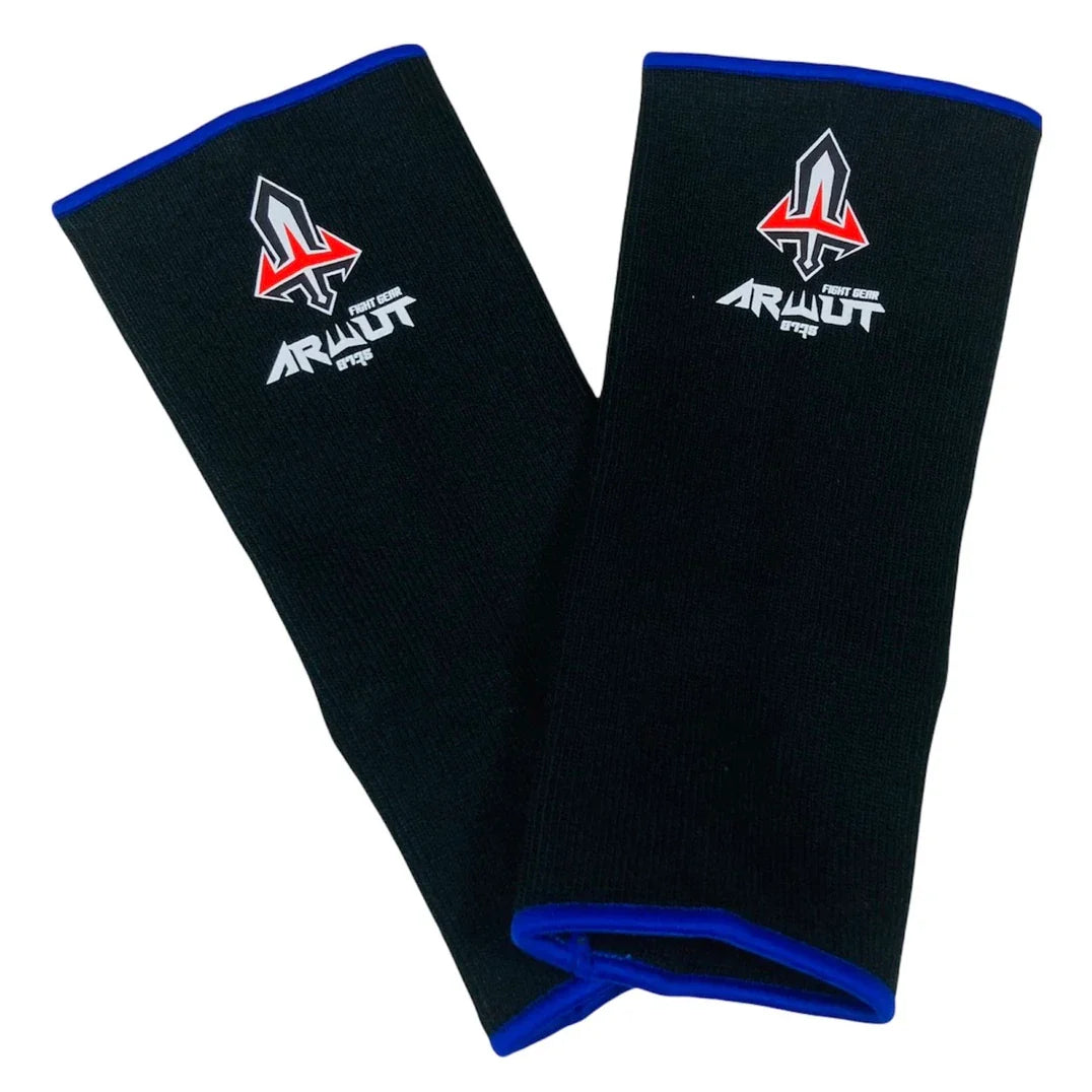 Black Arwut Anklets with blue edges and a logo on a white background