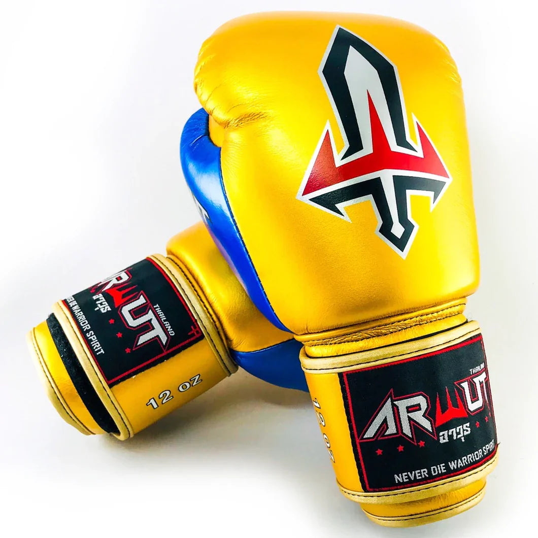 Gold and blue Arwut boxing gloves with a brand logo on a white background