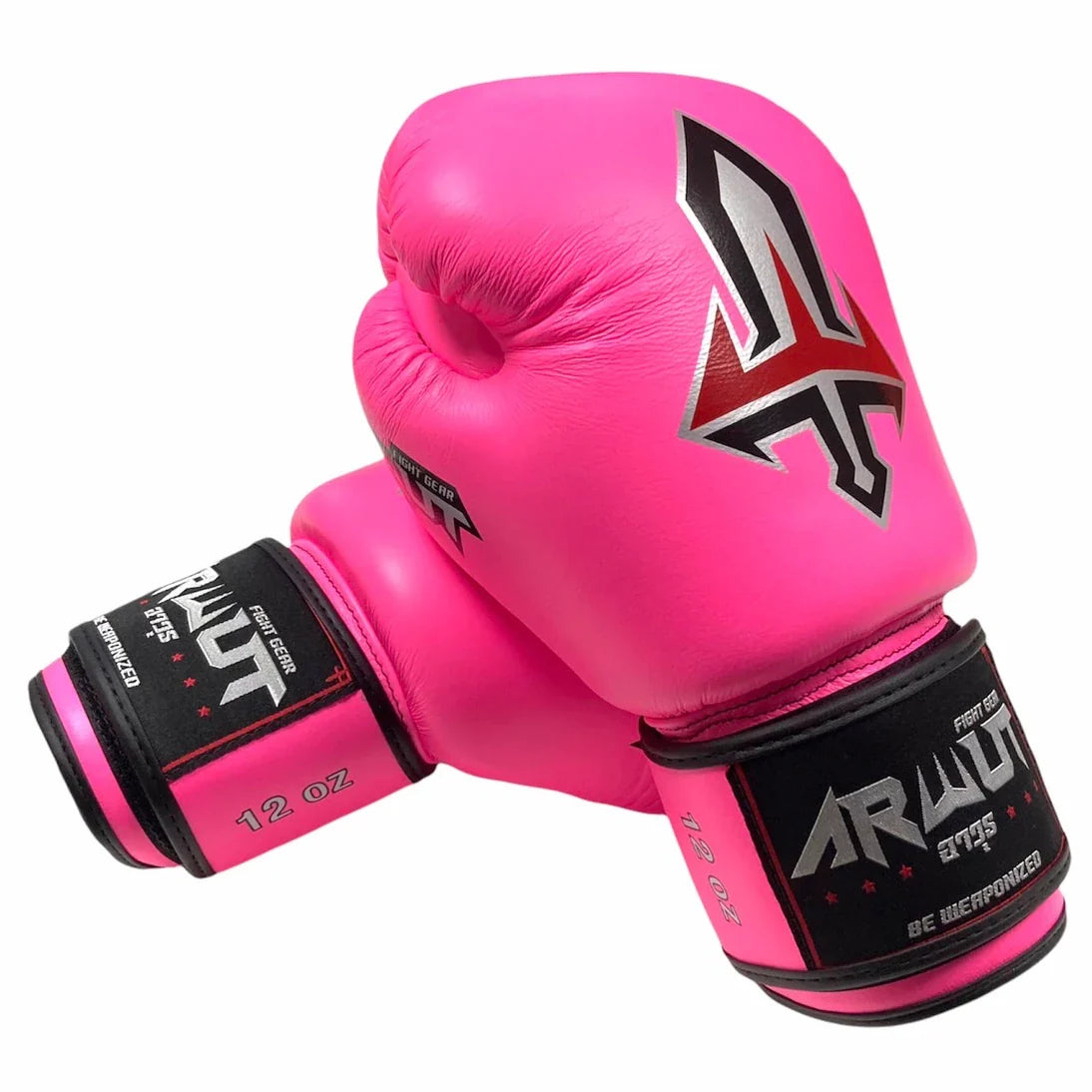 Pink Arwut boxing gloves with black accents and brand logo on a white background