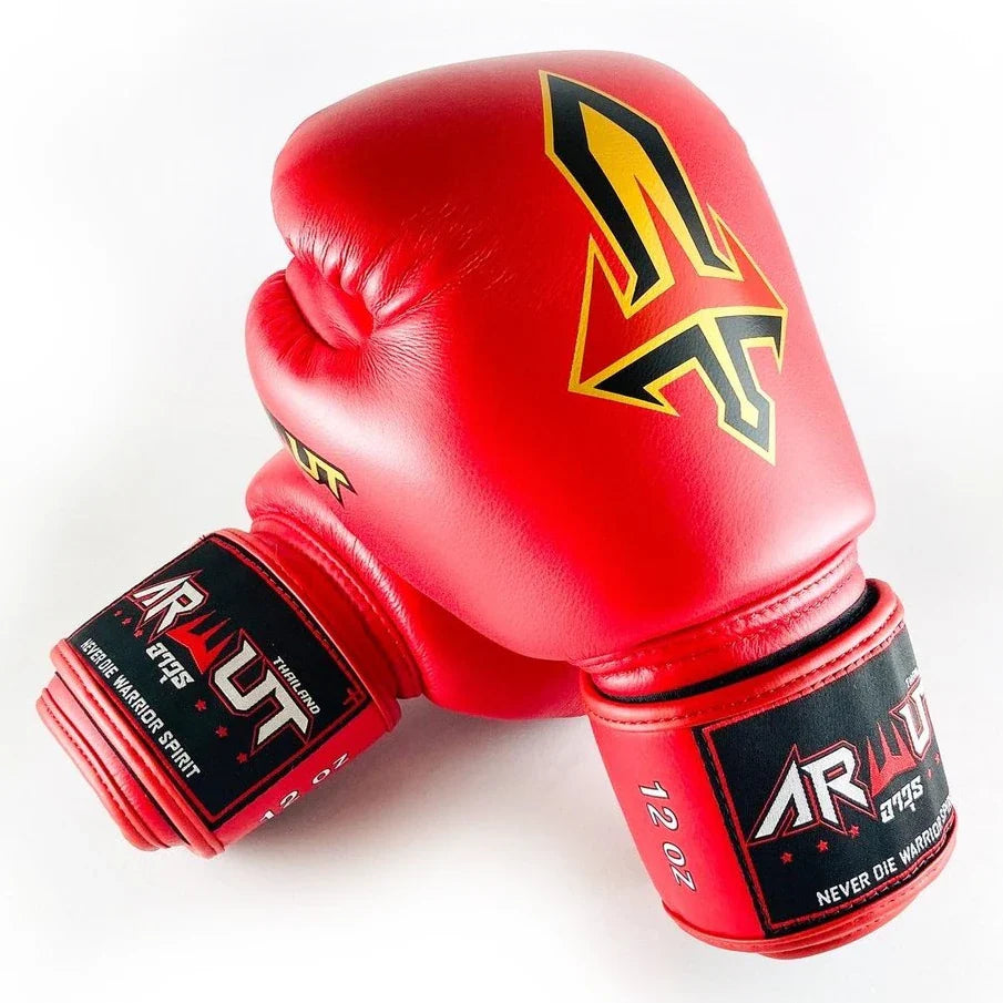 Red Arwut boxing gloves with a black and yellow logo on a white background