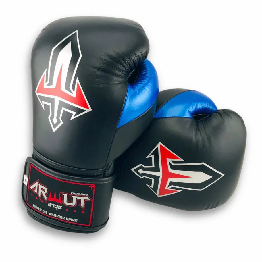 Pair of black and blue Arwut boxing gloves with a visible brand logo on a white background
