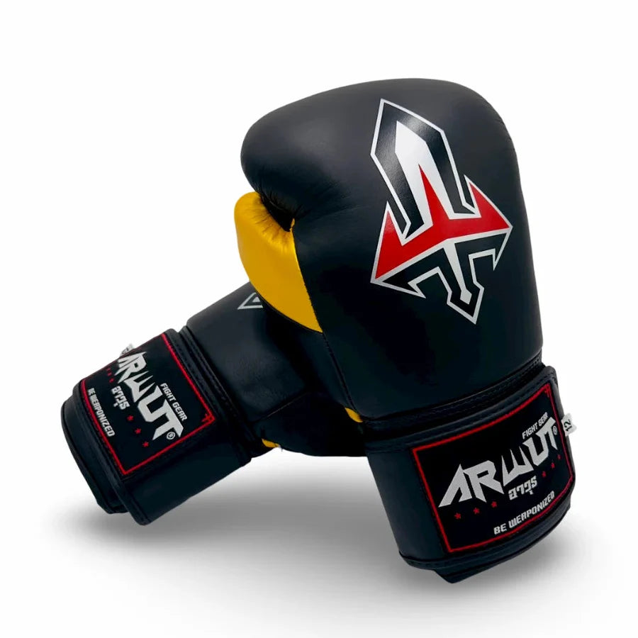 Black and gold boxing glove with red and white logo on a white background