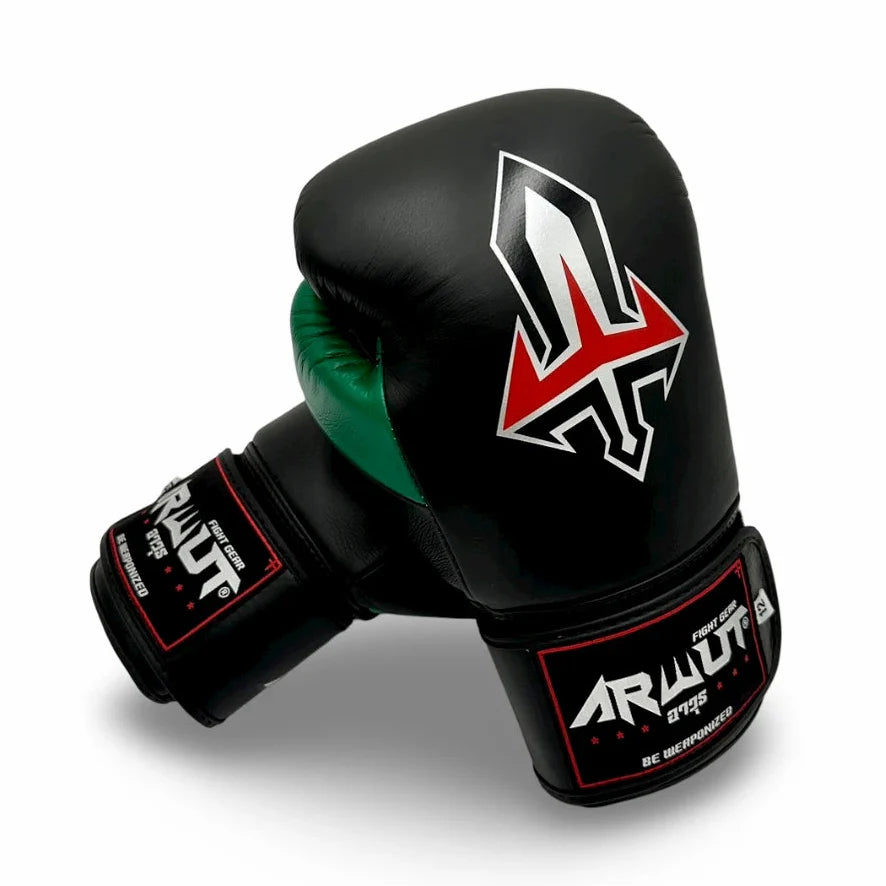 Black and green boxing glove with a prominent logo on a white background