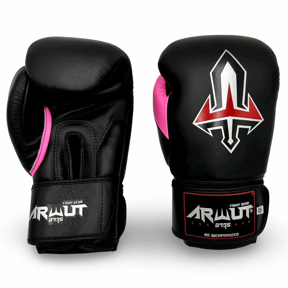 Black boxing gloves with pink accents and a visible brand logo on a white background