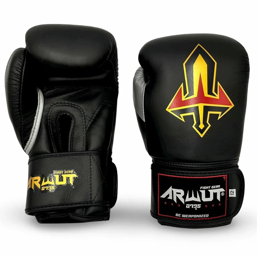 Black and silver boxing gloves with a logo and brand name on a white background