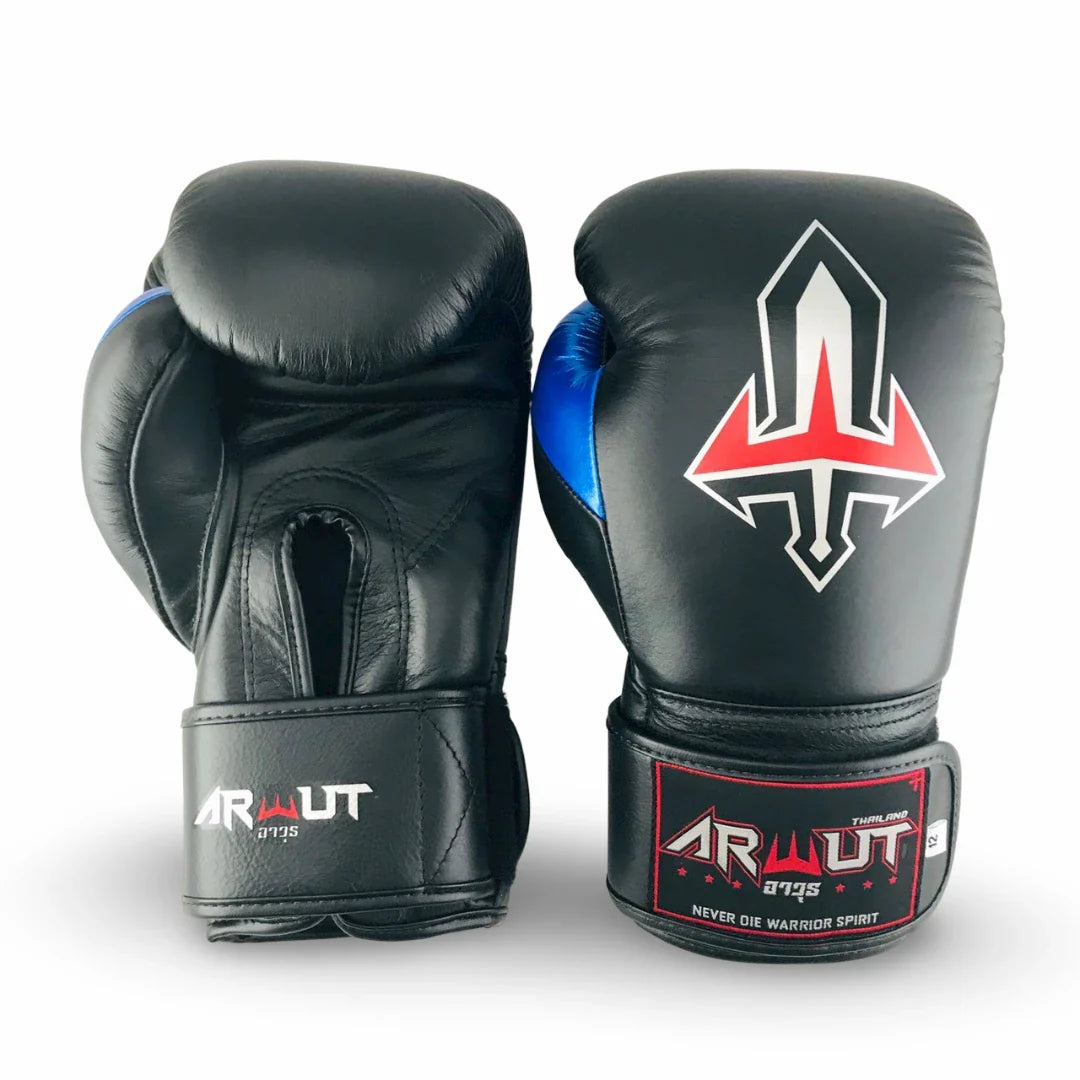 Pair of black and blue Arwut boxing gloves with a logo and brand name on a white background