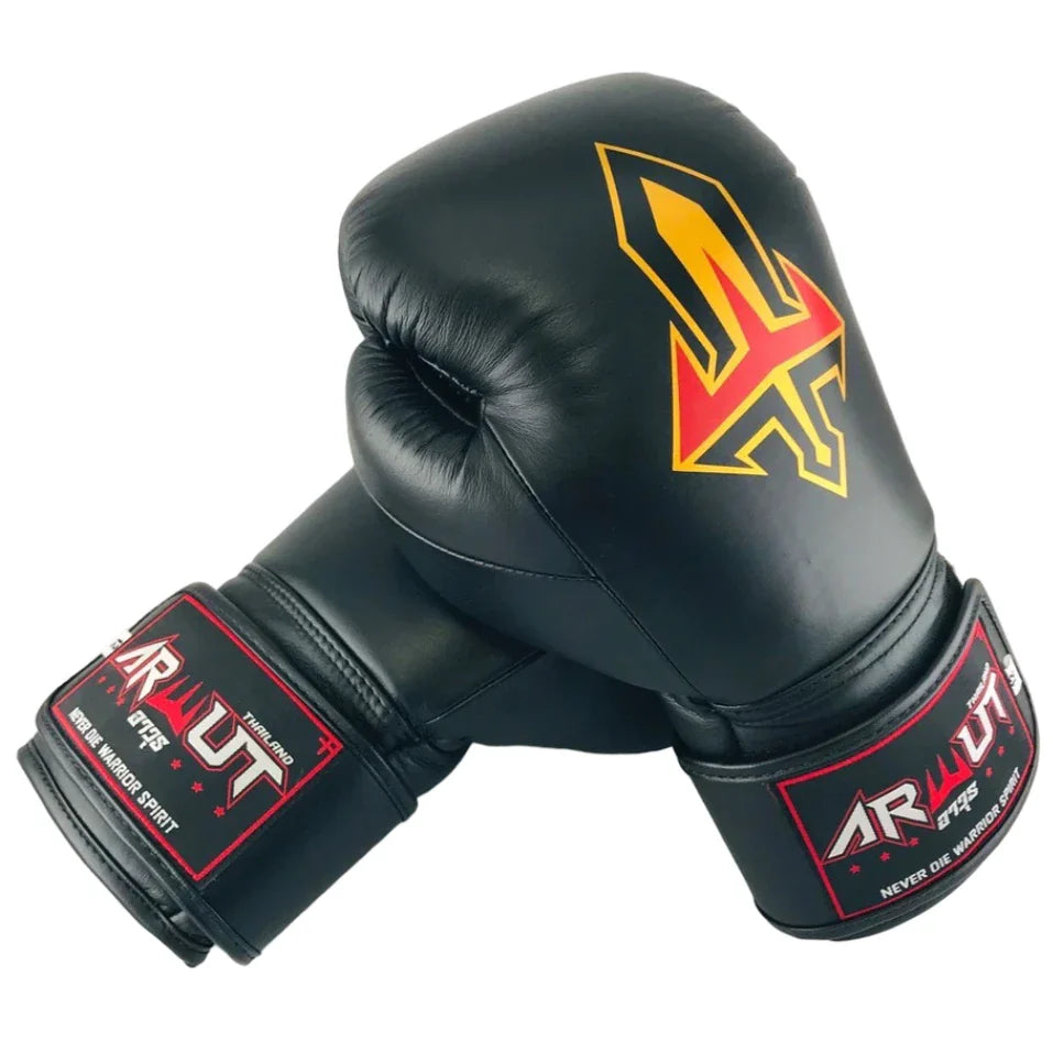 Black Arwut boxing glove with a red and yellow logo on a white background