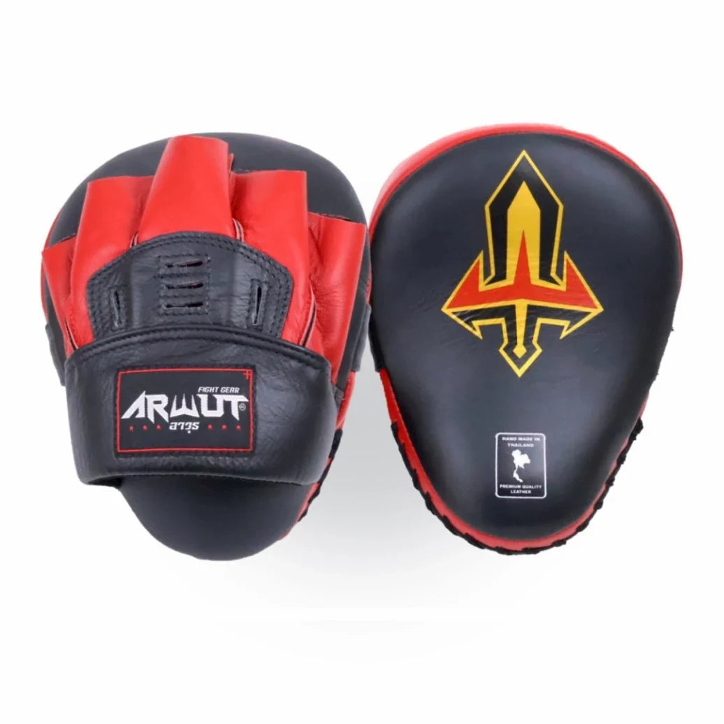 Black and red boxing pads with a visible brand logo on a white background