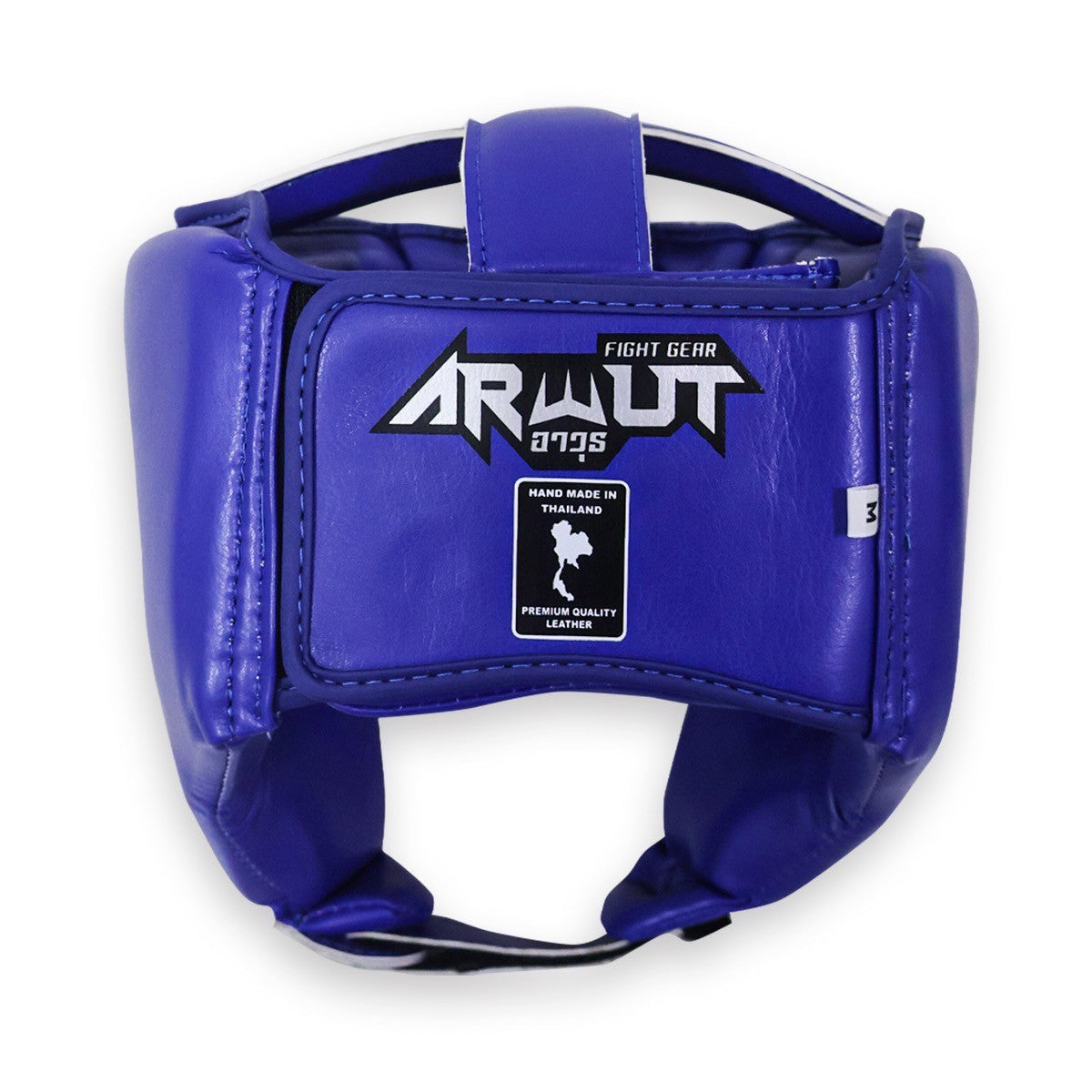 Blue boxing headgear with 'ARWUT' branding on a white background
