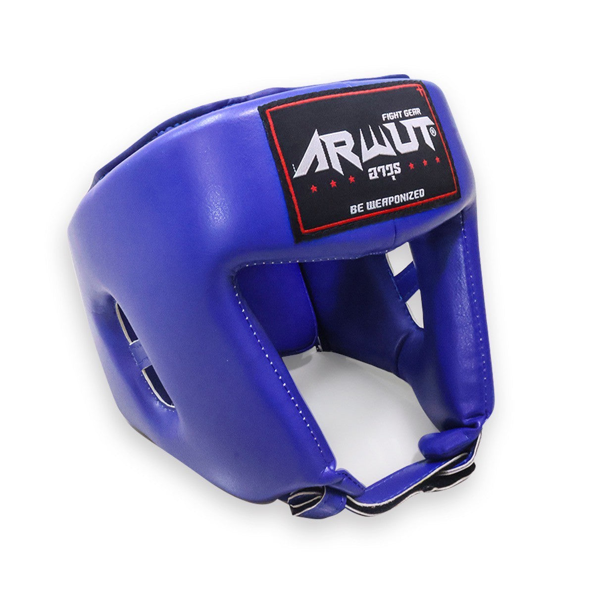 Blue boxing headgear with 'ARWUT' branding on a white background