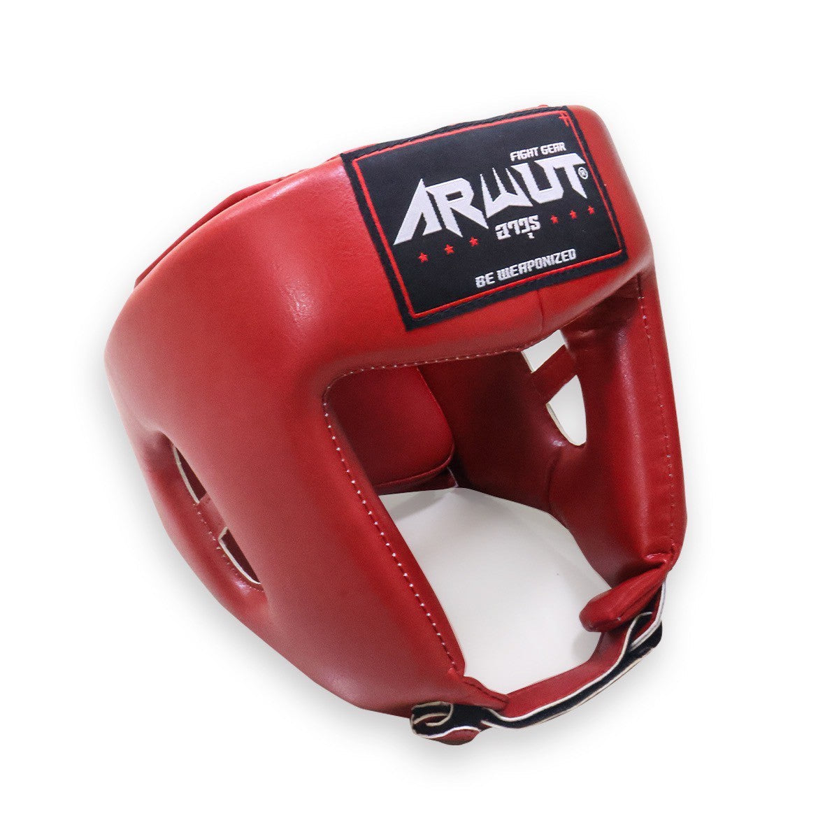 Red boxing helmet with a brand logo on a white background