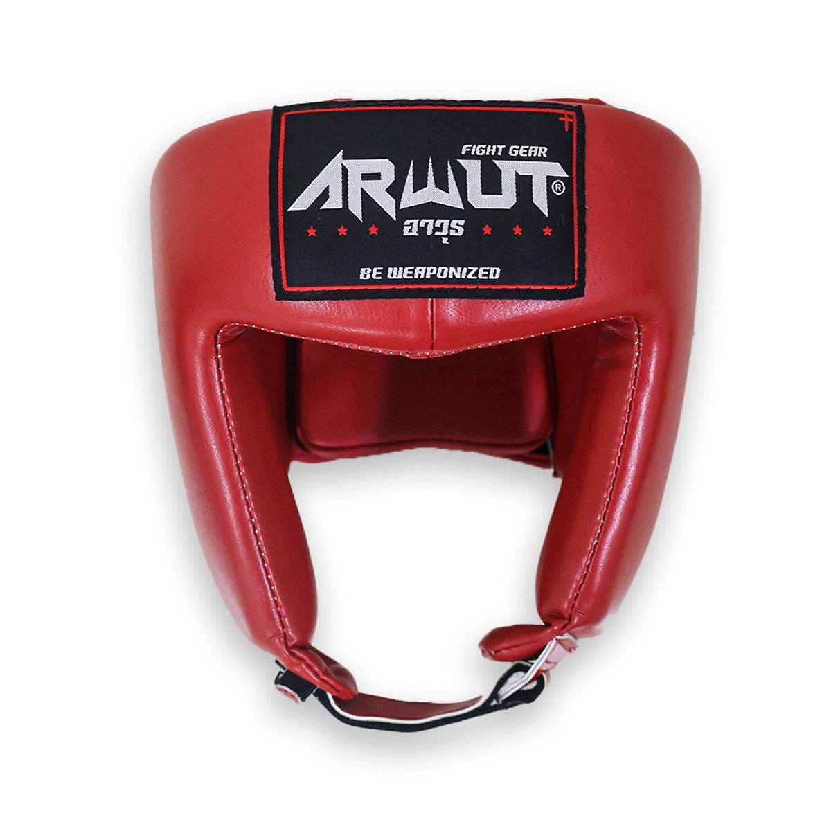 Red boxing headgear with Arwut logo on a white background