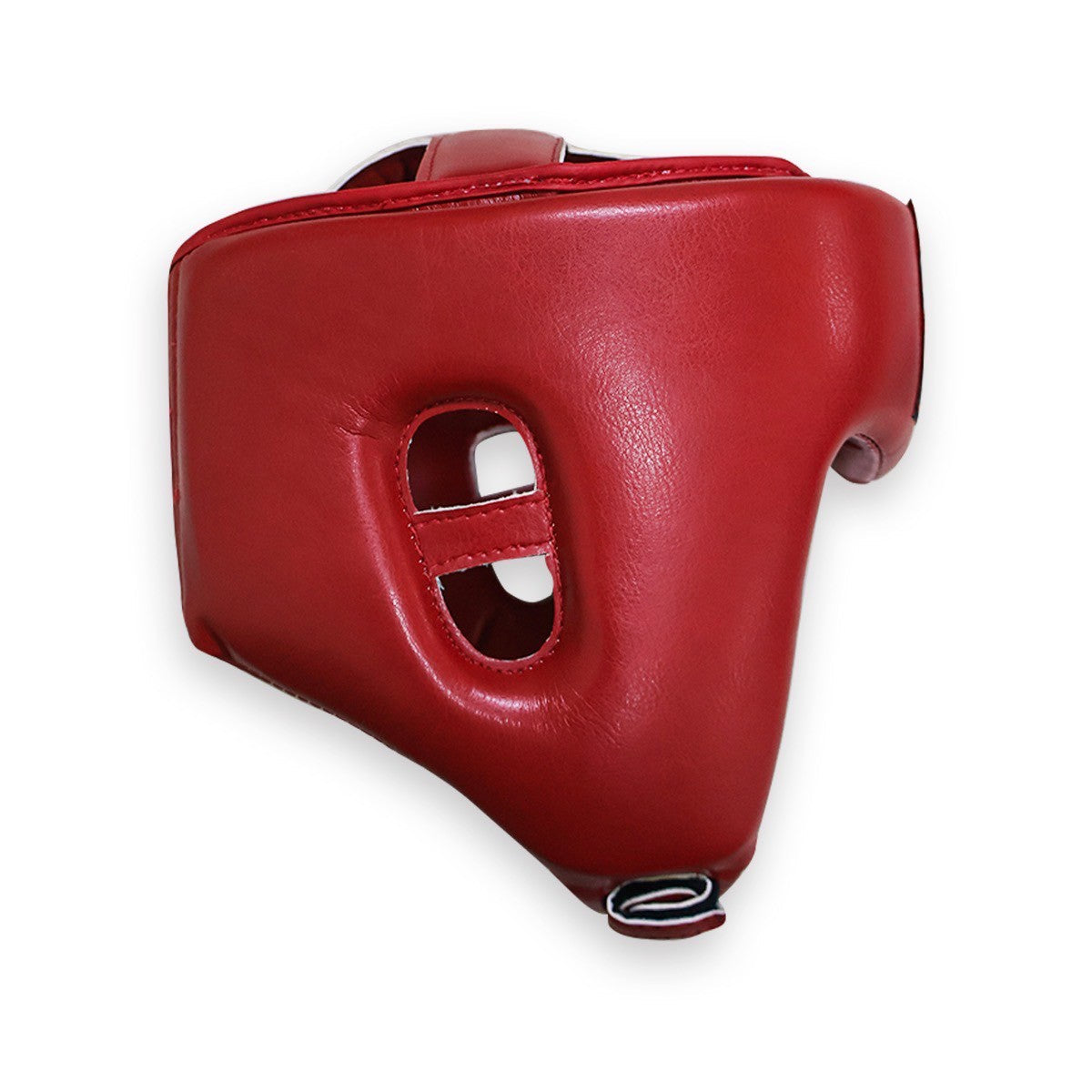 Side profile of red boxing headgear on a white background