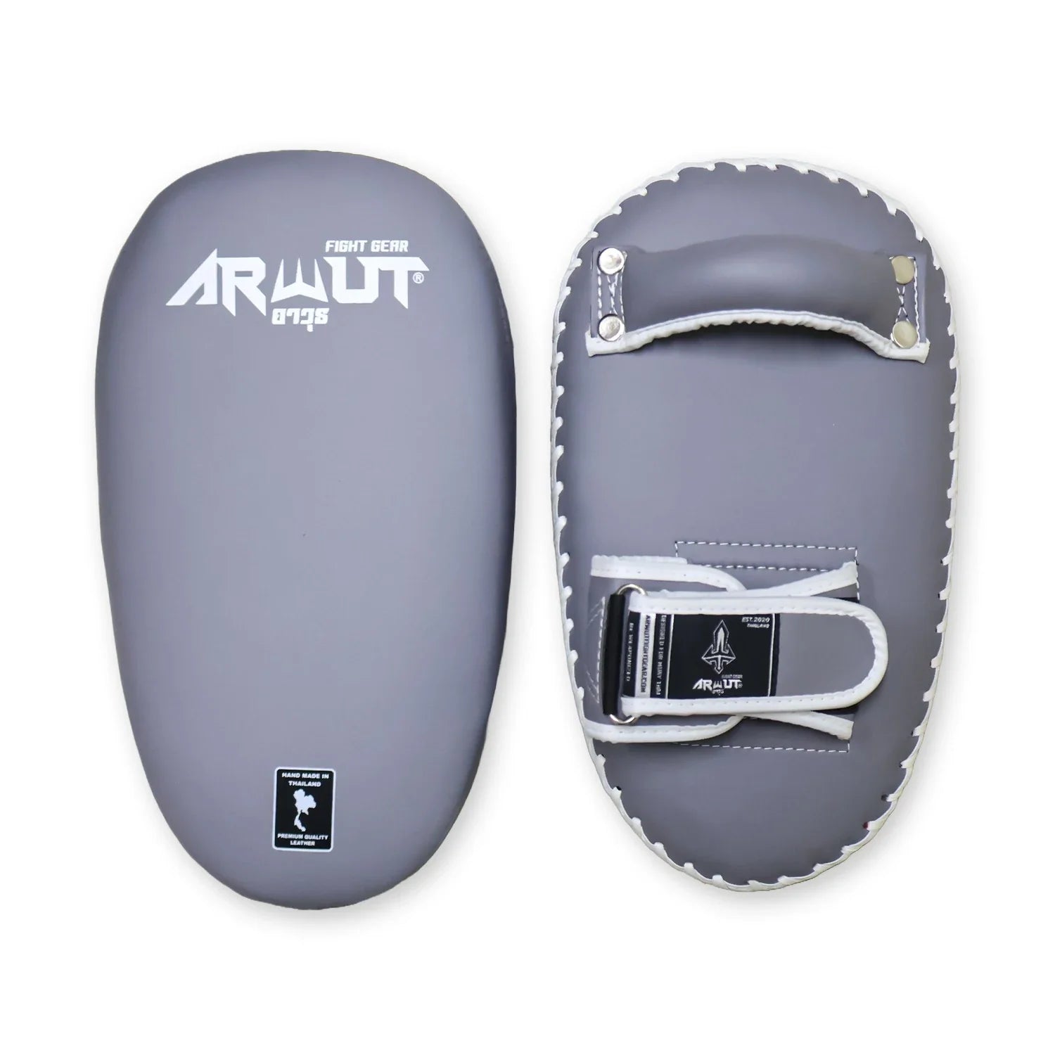 Gray Thai pads with 'Arwut' branding on a white background