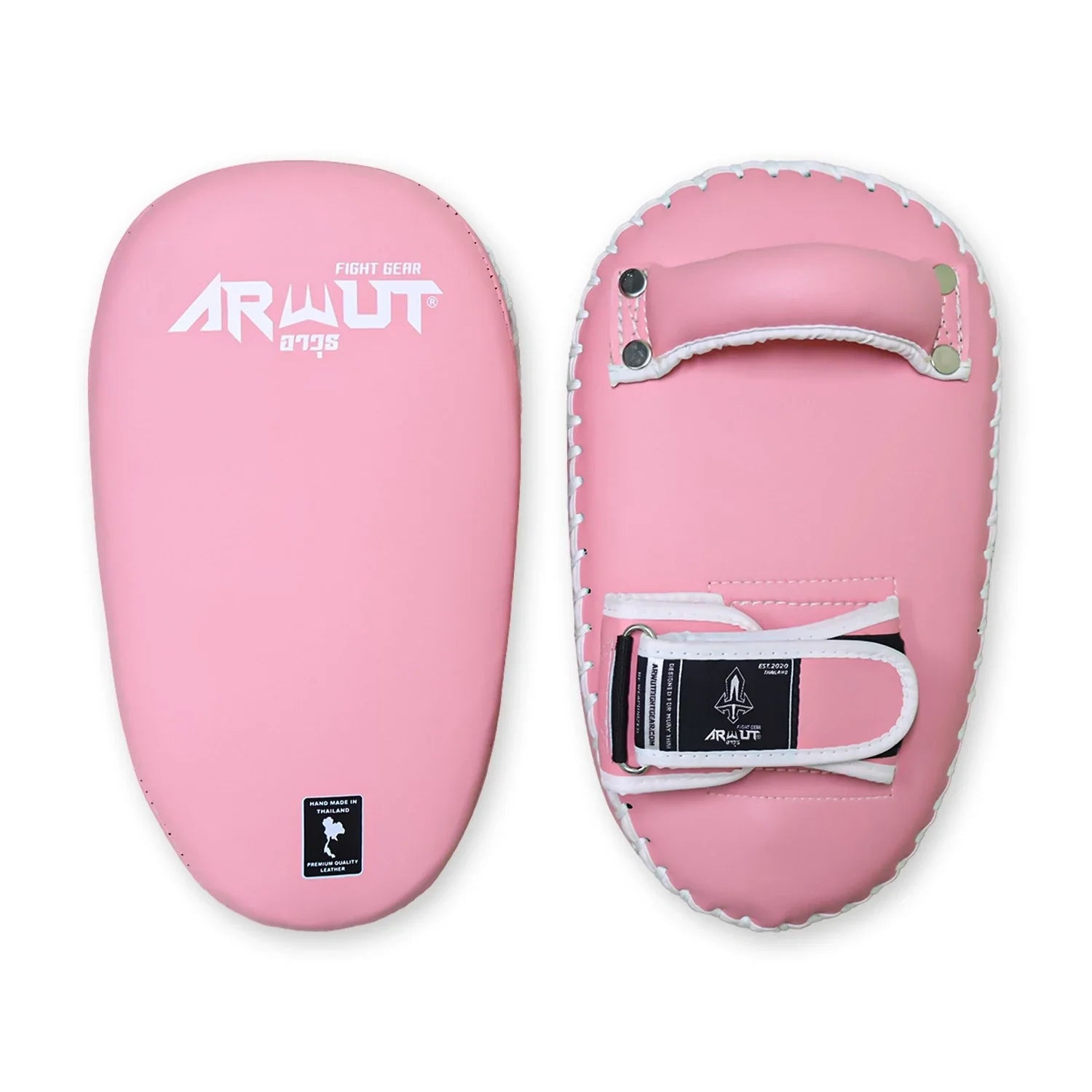 Pink Muay Thai pads with 'Arwut' branding on a white background