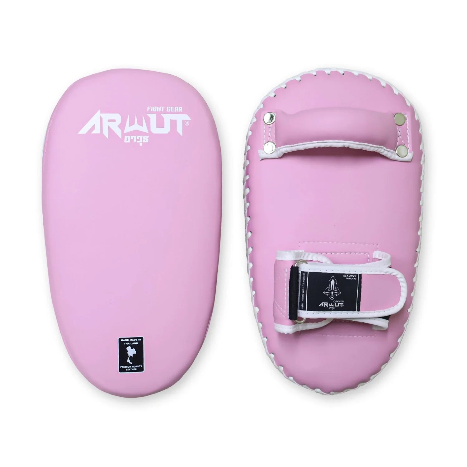 Pink Muay Thai pads with 'Arwut' branding on a white background