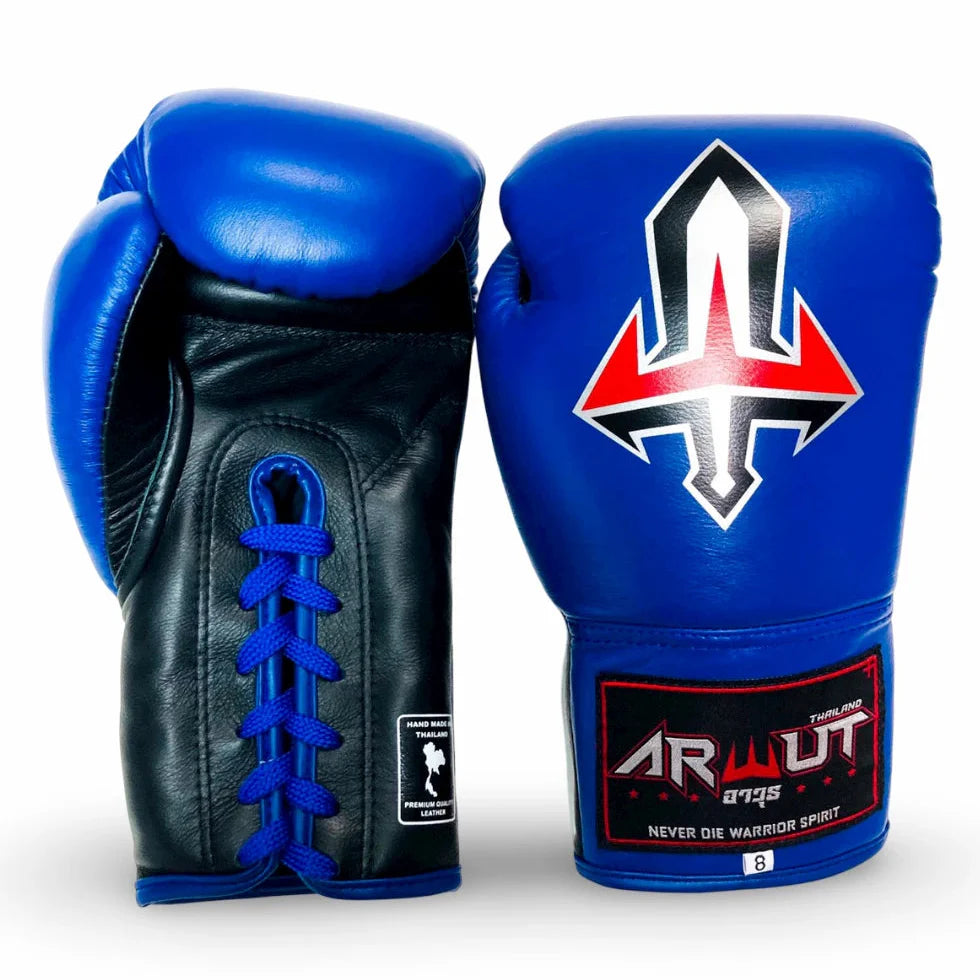 Pair of blue and black boxing gloves with a brand logo on a white background