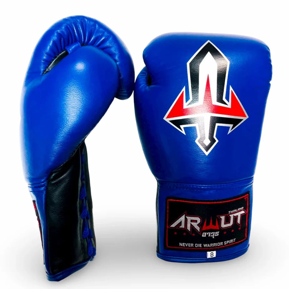 Blue boxing gloves with a brand logo on a white background