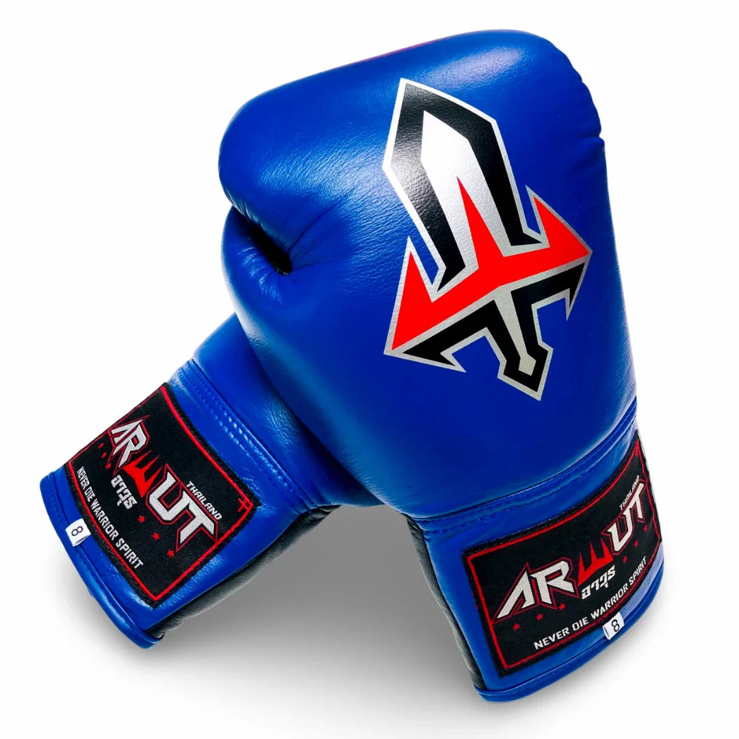 Blue boxing glove with a prominent logo on a white background