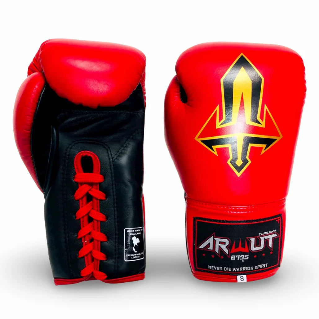 Red and black Arwut lace up boxing gloves with a logo on a white background