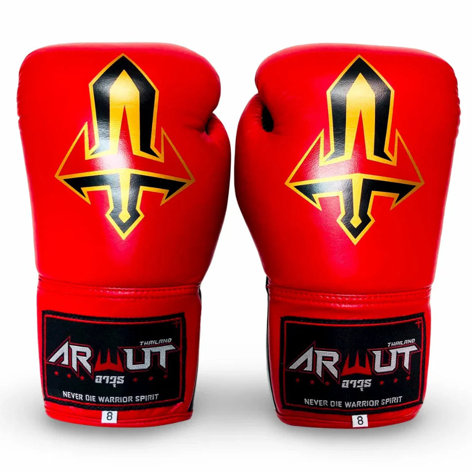 Red and black lace up boxing gloves with a black and yellow logo on a white background