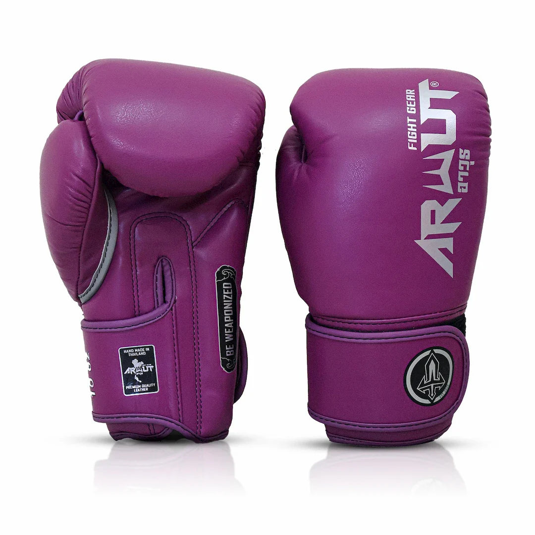 Pair of purple boxing gloves with 'ARWUT' branding on a white background