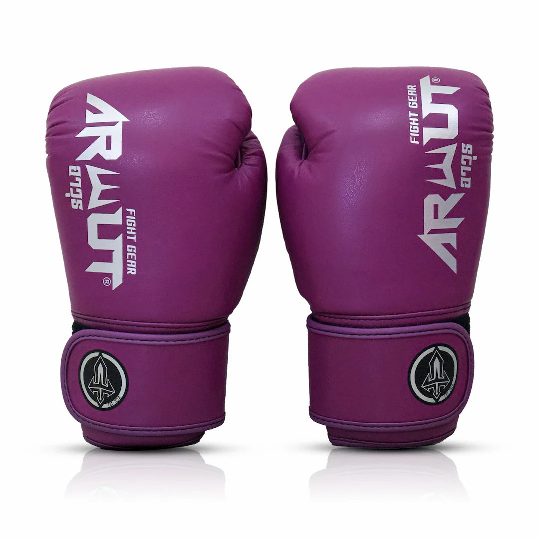 Purple boxing gloves with 'Arwut' branding on a white background