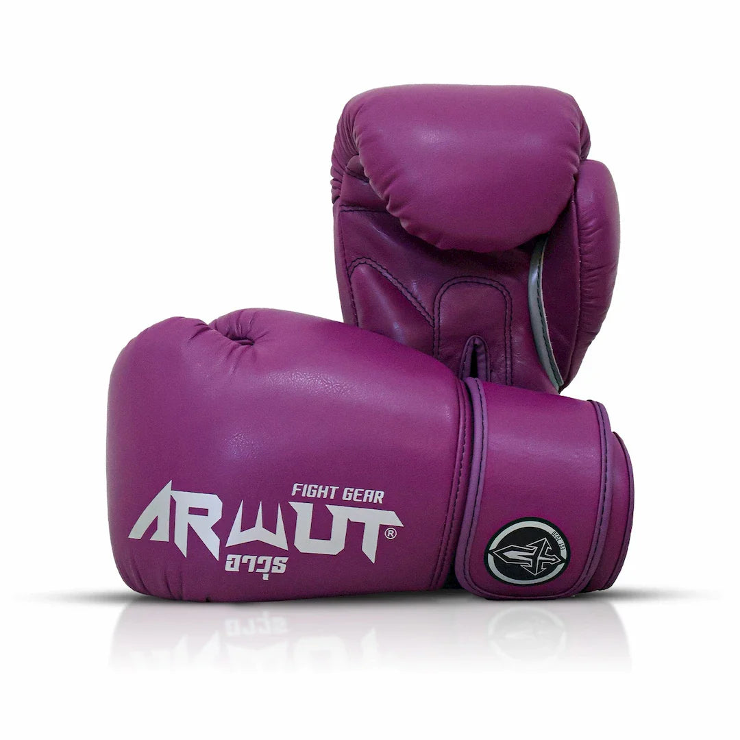 Purple Muay Thai boxing gloves with 'ARWUT' branding on a white background