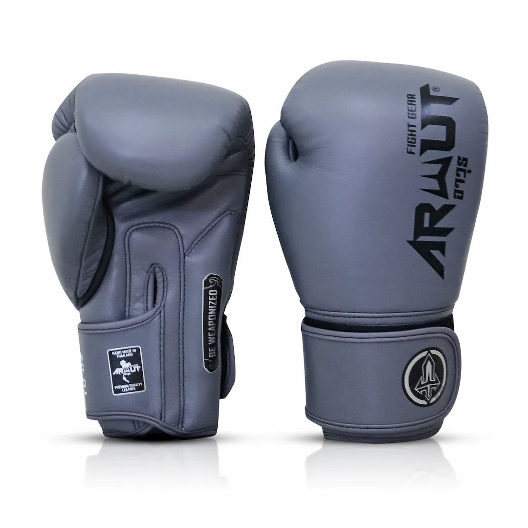 Gray boxing gloves with 'ARWUT' branding on a white background