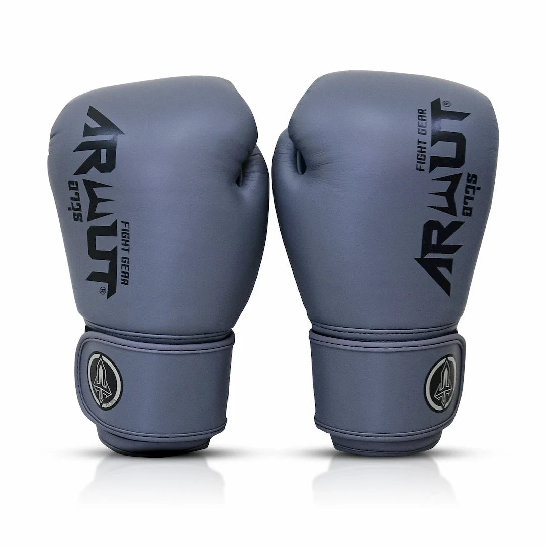 Pair of gray boxing gloves with 'Arwut' branding on a white background