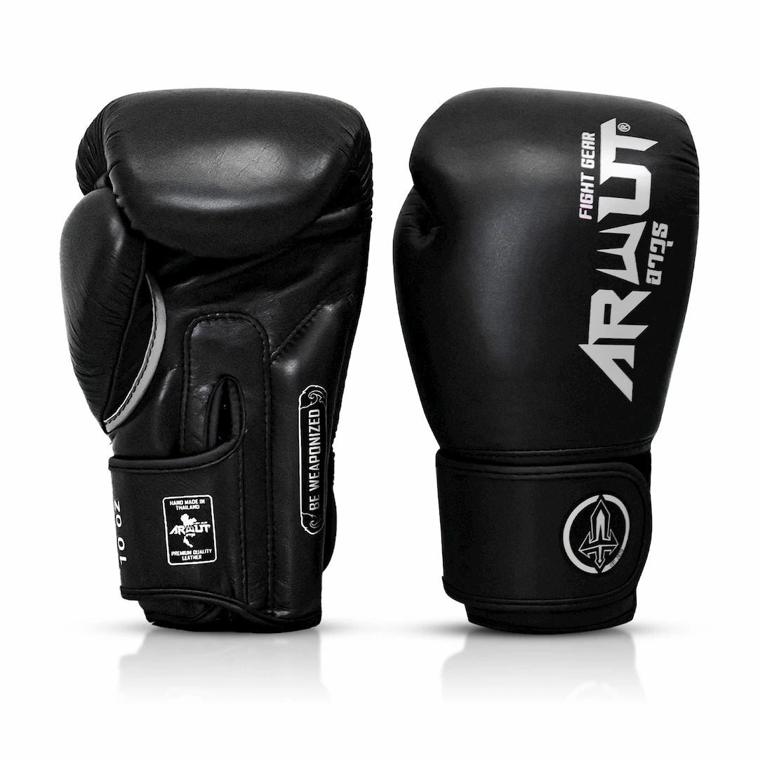 Black boxing gloves with 'Arwut' branding on a white background