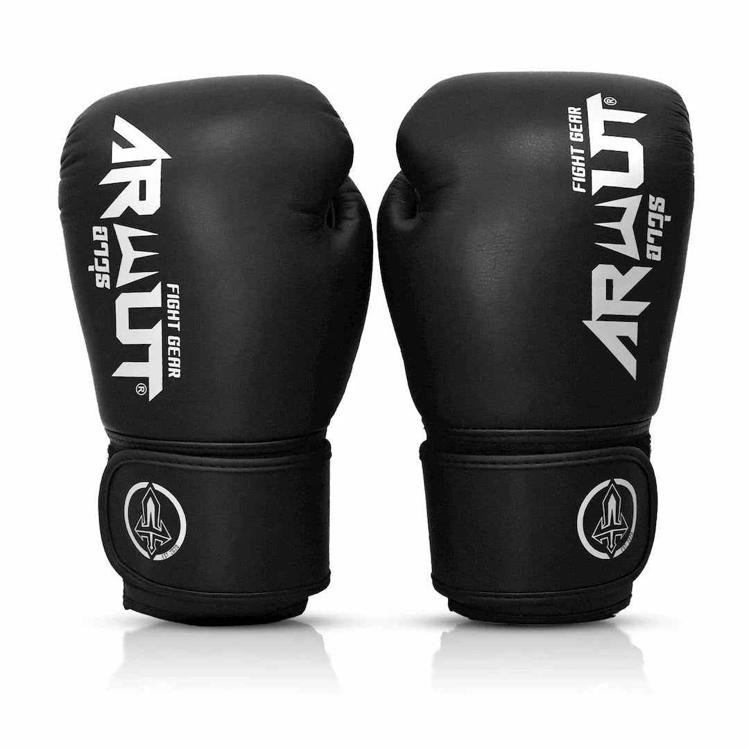 Black boxing gloves with 'Arwut' branding on a white background